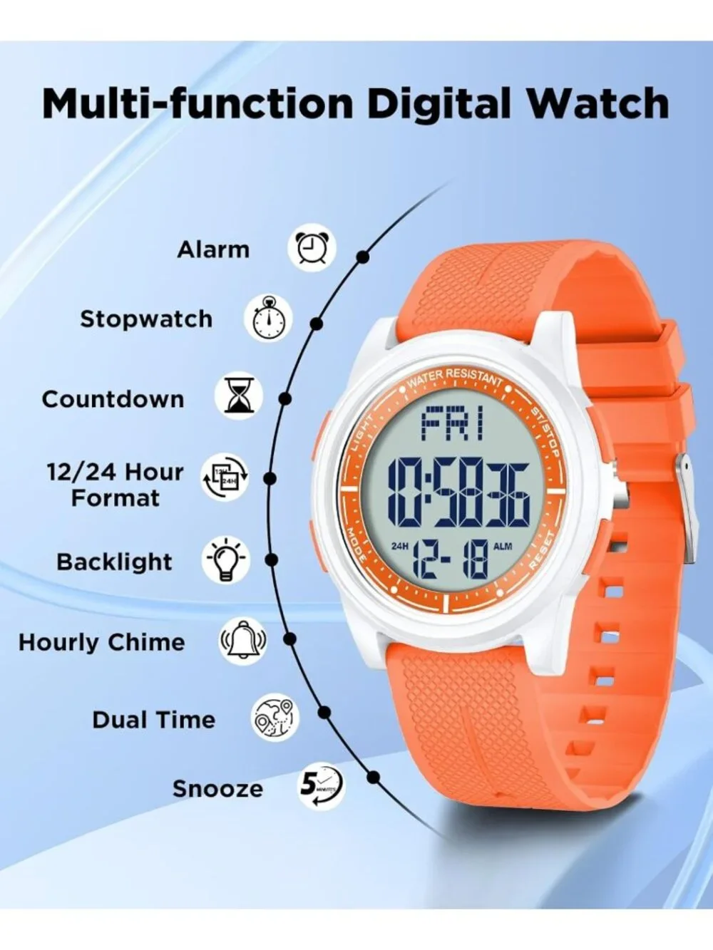 Ultra-Thin Waterproof Digital Sports Watch for Men & Women, 44mm Silicone, Alarm